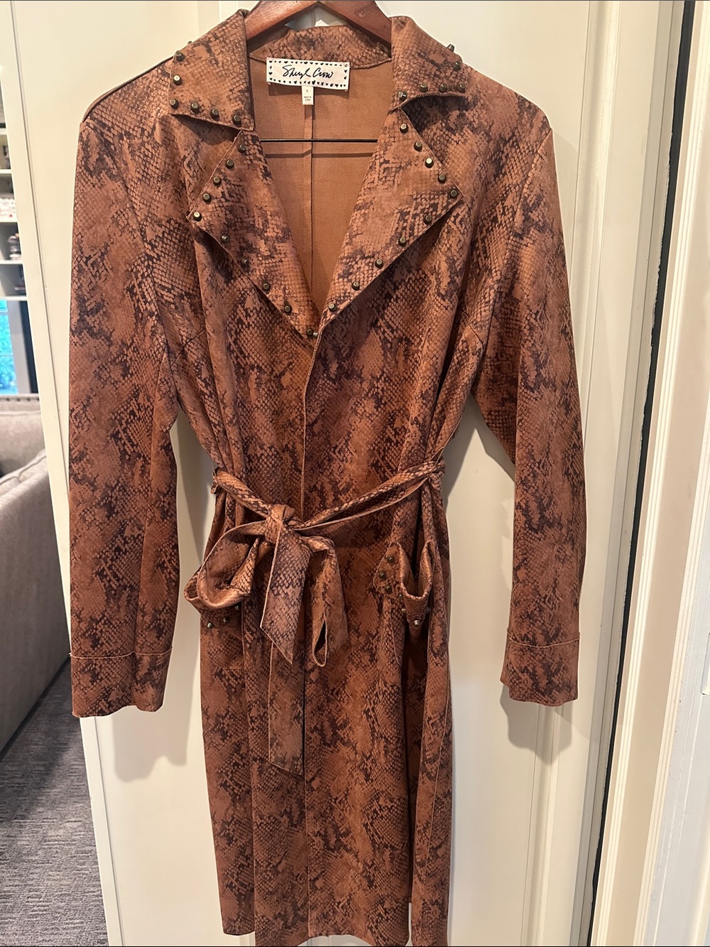 Sheryl Crow Brown Faux Suede Snake-Print Trench Coat with Tie Waist